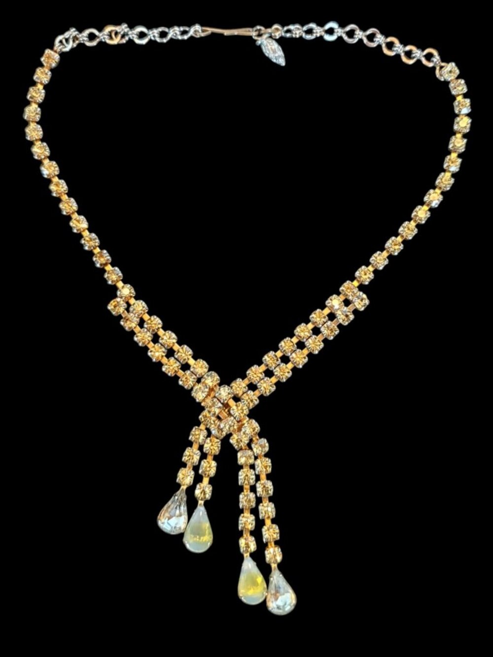 Mid-Century Yellow Rhinestone Lariat Bridal Necklace with Hollywood Glamour